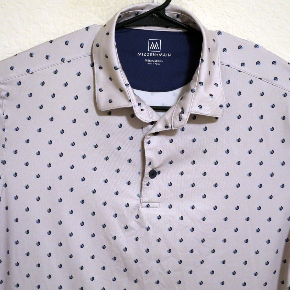 Mizzen Main Shirt Men Medium Short Sleeve Golf Polo Trim Fit Gray Blue Circles